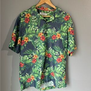 Tommy Bahama Navy Tropical Floral Hawaiian Shirt with Green & Orange Print